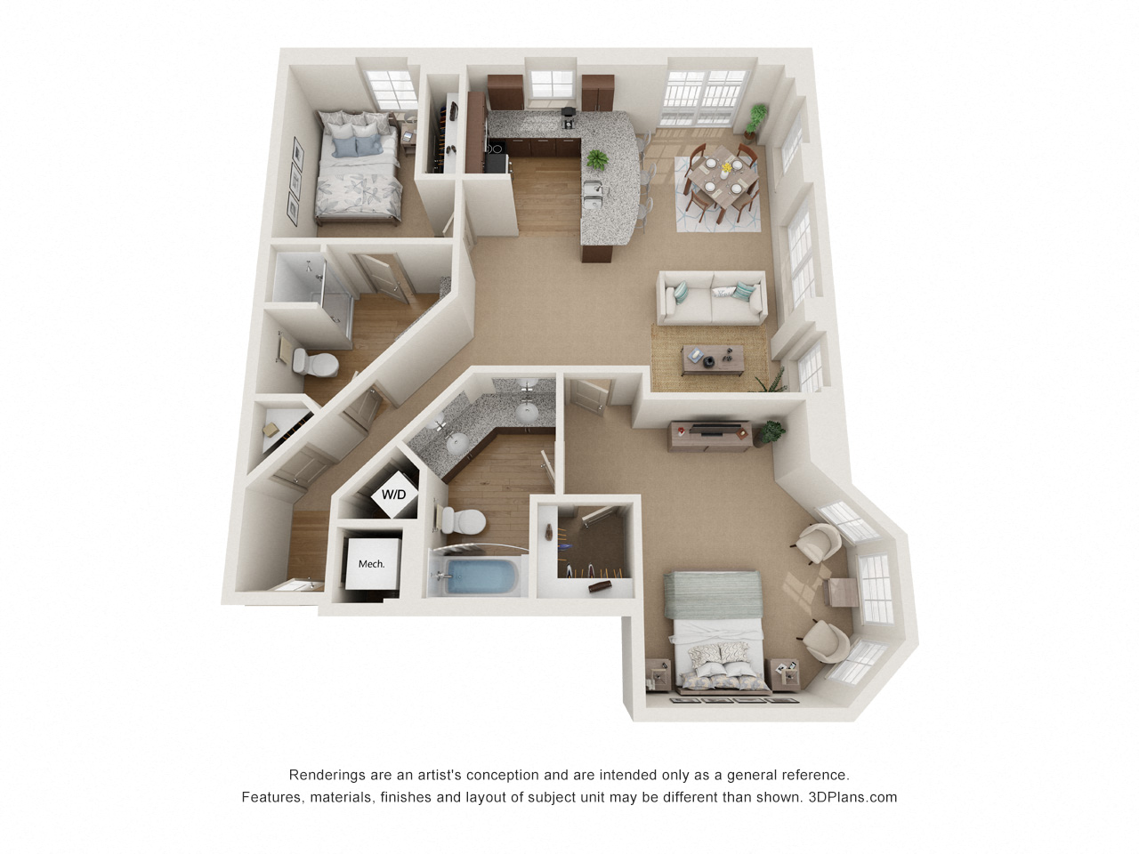 Floor plan for 2 beds, 2 baths, 1186 sqft